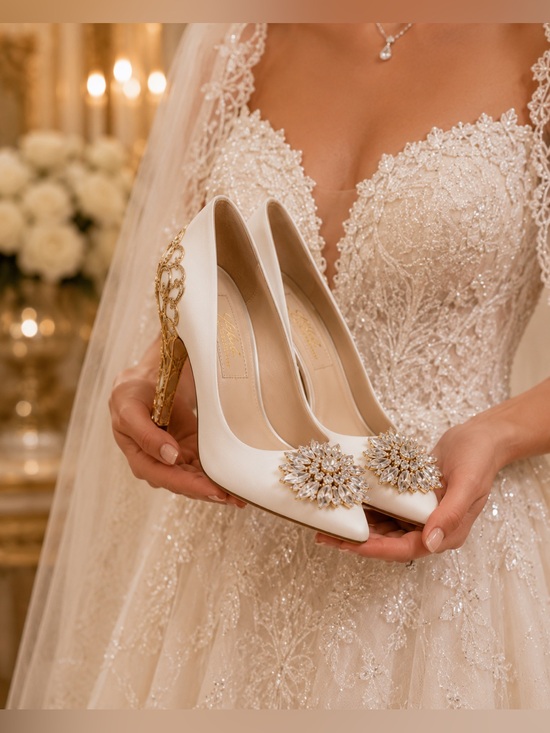 white wedding dress gold shoes White Wedding Heels Bridal Shoes for Bride, Bridesmaids With Gold Cherry  Blossom Floral Heel
